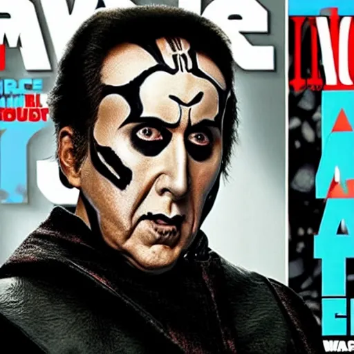 Prompt: Nicolas Cage in full costume and makeup as Darth Icky, new Star Wars villain, photo from Entertainment Weekly cover shoot