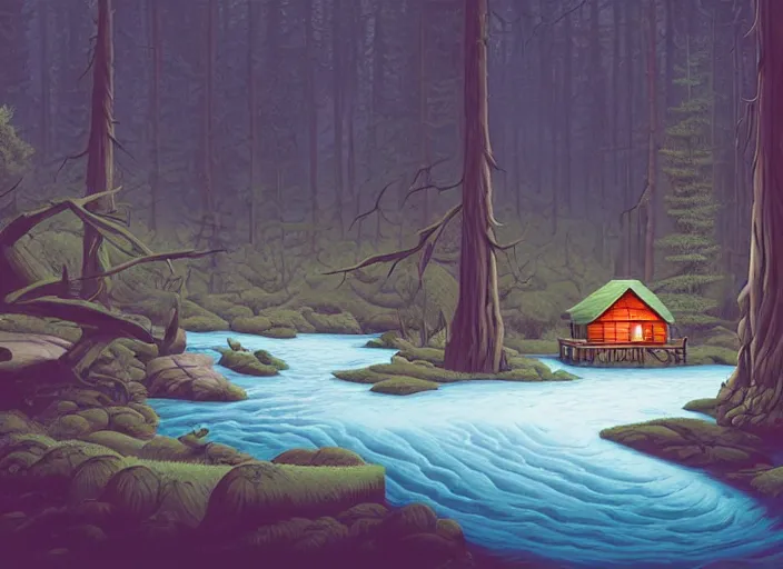 Image similar to matte sharp painting, a river running past a cozy cabin in the forest, juxtapoz, artforum, gary baseman, preston blair, tex avery, dan mumford, pedro correa