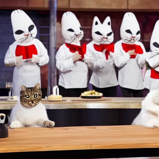 Image similar to anthropomorphic cats competing at masterchef TV show, studio shot