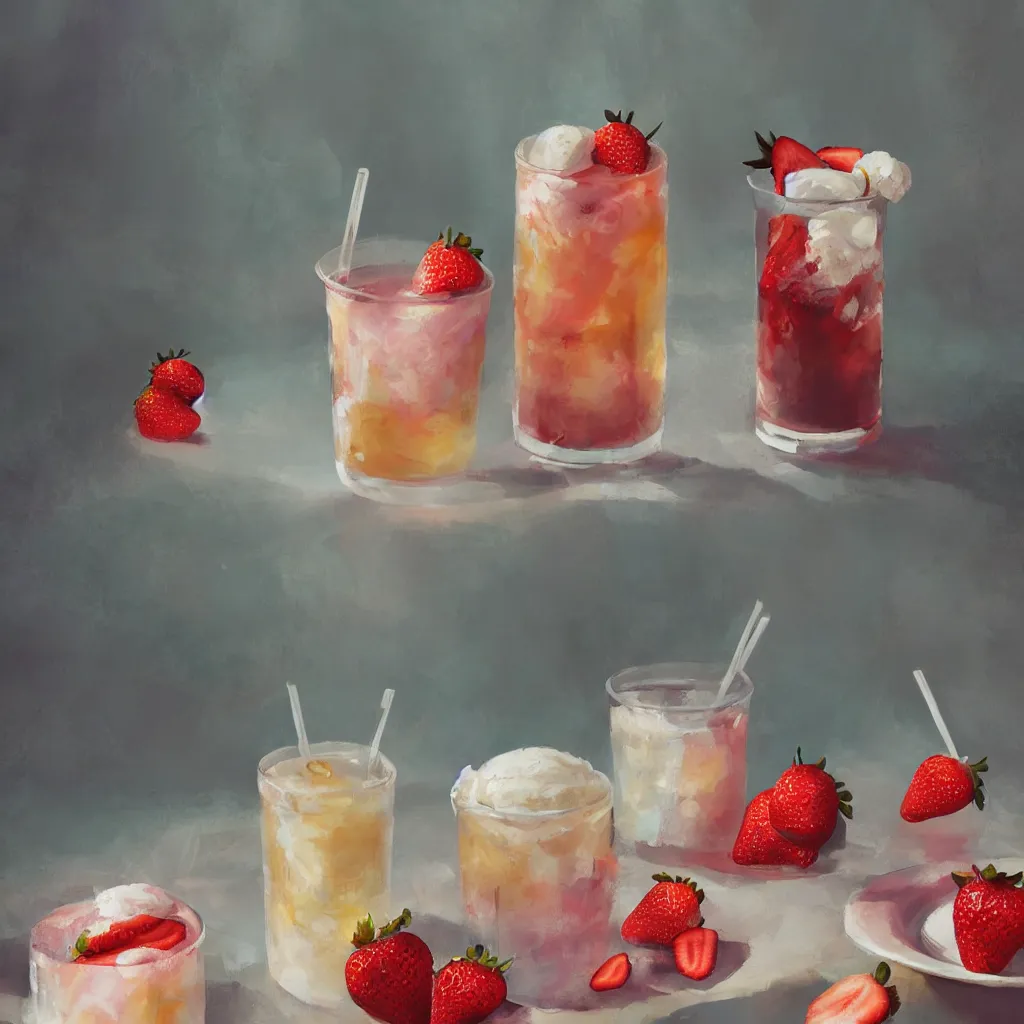 Image similar to a still life painting of cold drinks, ice cream, strawberry embellishment, in the style of makoto shinkai, dreamy, soft, global illumination, radiant light, intricate environment, luminescence, highly detailed, 8 k