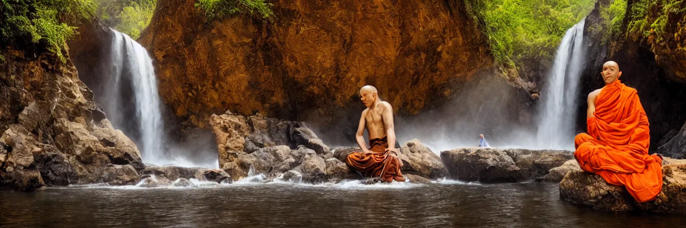 Image similar to dang ngo, annie leibovitz, steve mccurry, a simply breathtaking shot of mediating monk in orange, giantic waterfall, sunshine, golden ratio, wide shot, symmetrical