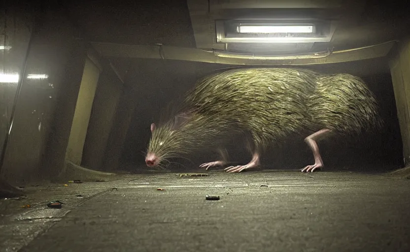 Image similar to very large giant mutant zombie rat infected by radiation sraying in tonnel of moscow subway. extreme high detail. low dark light, scary atmosphere.