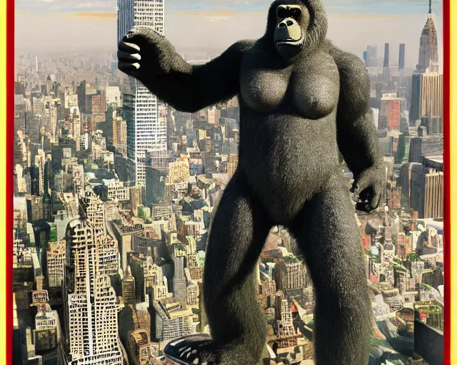 Image similar to art deco king kong climbing the empire state building with bi-planes flying around him. highly detailed. cinematic