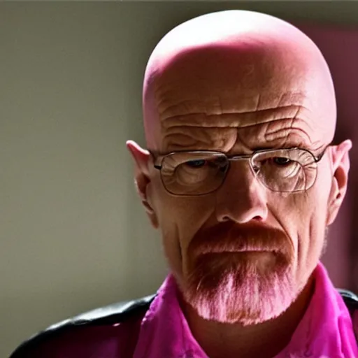 Image similar to walter white wearing a pink hair wig