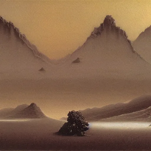 Image similar to A Landscape by Zdzisław Beksiński and Peter Elson