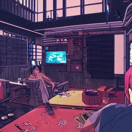 Prompt: Inside a gang hideout, cyberpunk Smoke den, wide angle, cinematic shot, highly detailed, cinematic lighting , photorealistic, 8K, created by Hideaki Anno + Katsuhiro Otomo +Rumiko Takahashi