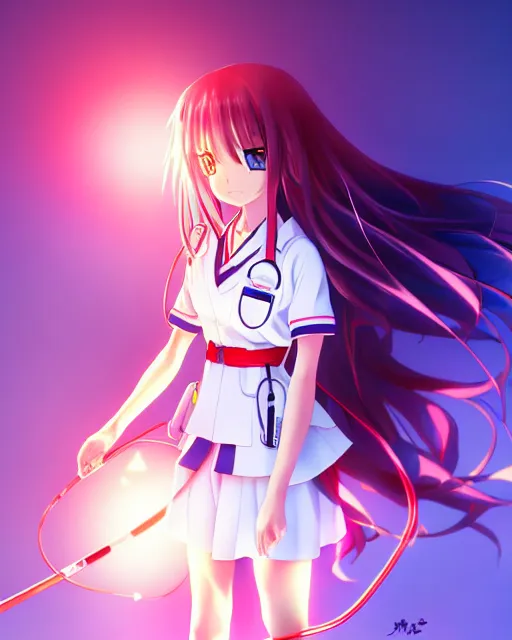 Image similar to anime style, vivid, expressive, full body, 4 k, painting, a cute magical girl with a long wavy black hair wearing a nurse outfit, stunning, realistic light and shadow effects, centered, simple background, studio ghibly makoto shinkai yuji yamaguchi