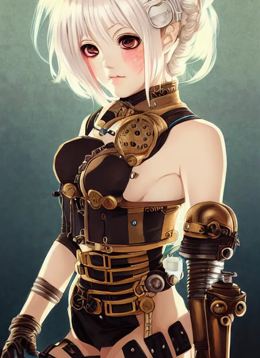 Prompt: portrait Anime girl in steampunk bikini armor, cute-fine-face, white-hair pretty face, realistic shaded Perfect face, fine details. Anime, steampunk, bioshock. realistic shaded lighting by Ilya Kuvshinov and Gustav Klimt