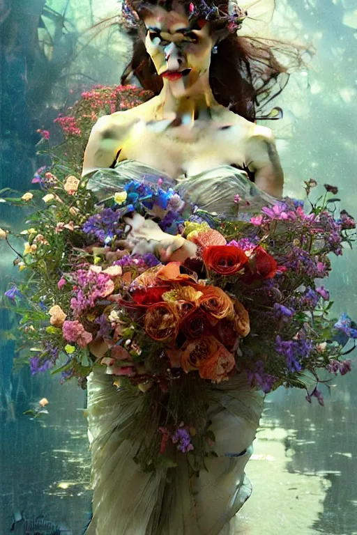 Image similar to portrait of a beautiful mysterious woman holding a bouquet of flowing flowers, hands hidden under the bouquet, lying in a pool of water, fantasy, regal, intricate, by stanley artgerm lau, greg rutkowski, thomas kindkade, alphonse mucha, loish, norman rockwell