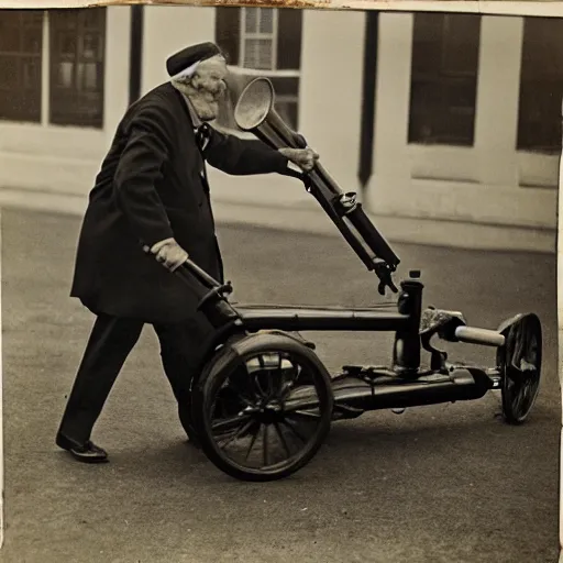 Image similar to photograph of an eldery gentleman towing an artillery cannon with a mobility scooter on a street