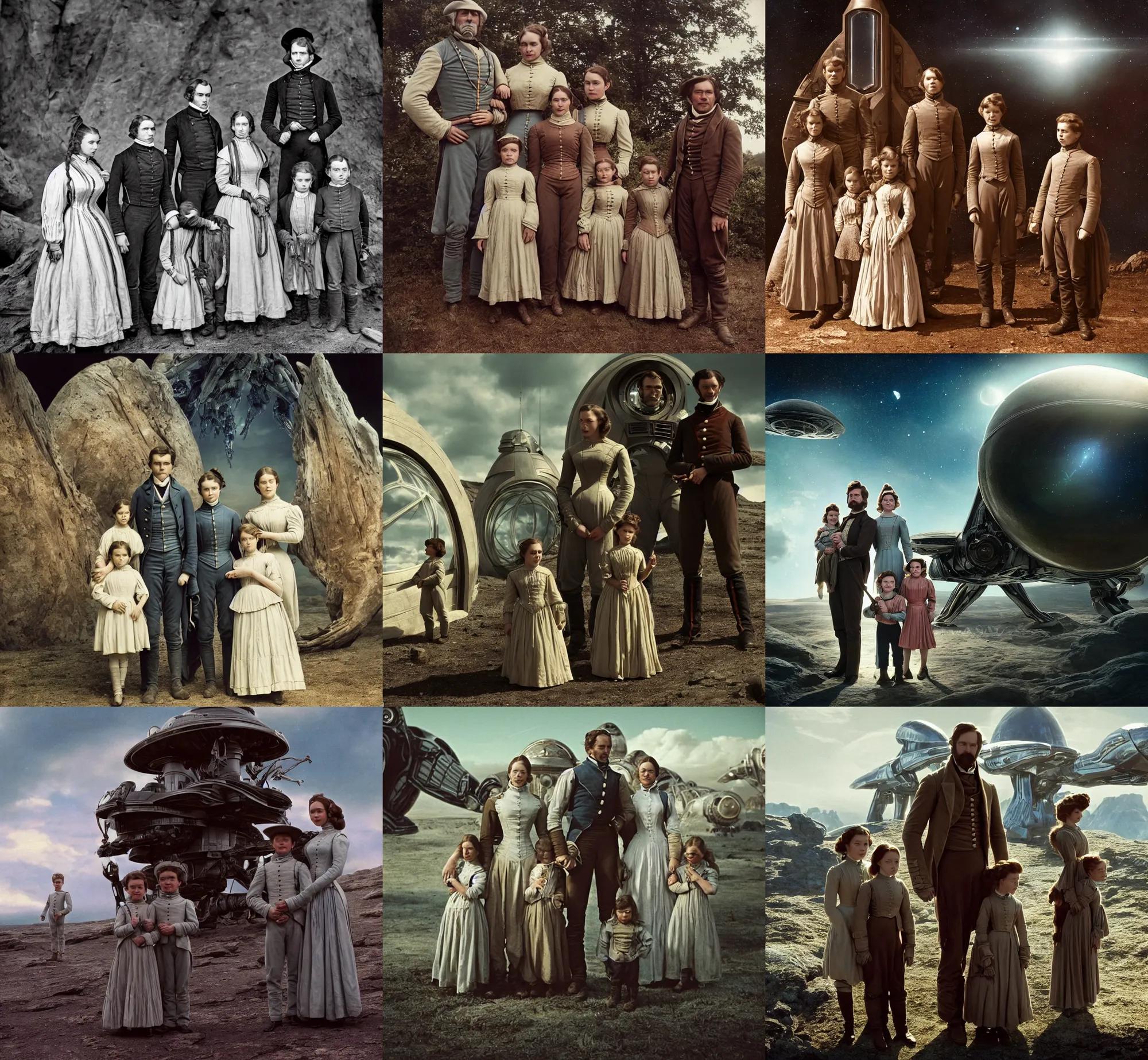 Prompt: sharp, highly detailed, film from a blockbuster sci fi 4 k color movie, set in 1 8 6 0, family standing in front of a spaceship, on a alien planet, looking happy, wearing 1 8 5 0 s era clothes, atmospheric lighting, in focus, reflective eyes, 3 5 mm macro lens, live action, nice composition, good photography