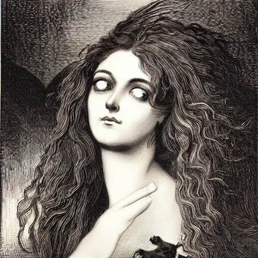 Prompt: portrait of a beautiful woman, gothic, cat eyes, hair waving in the wind, high detail, illustration by gustav dore