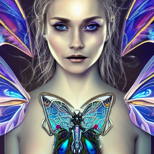 Prompt: realistic illustration of a beautiful mechanical faerie queen with glowing eyes, moth wings with geometric patterns, reflective detailed textures, highly detailed dark fantasy science fiction painting, silver and cool colors, artstation