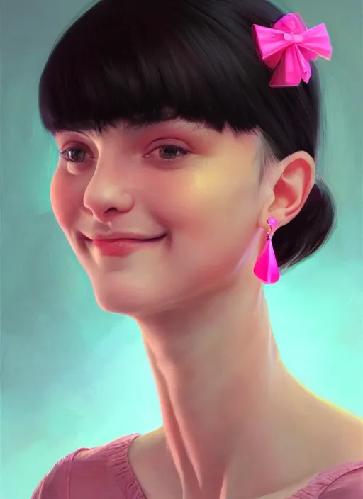 Image similar to portrait of teenage girl, realistic, black hair, bangs, half updo hairstyle, pointy nose, skinny, smile, ugly, defined jawline, big chin, pink hair bow, earrings, intricate, elegant, glowing lights, highly detailed, digital painting, artstation, sharp focus, illustration, art by wlop, mars ravelo and greg rutkowski