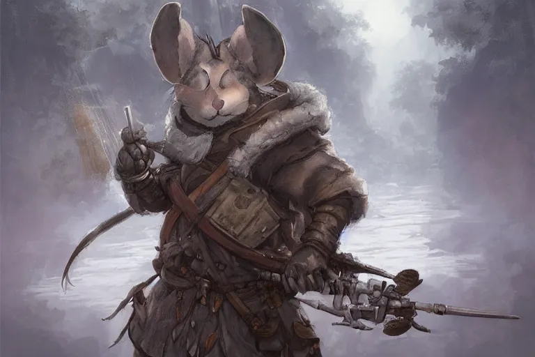 Prompt: dungeons and dragons fantasy painting, portrait of an ashigaru mouse with a rifle, whimsical and cute, determined expression, watery eyes, anime inspired by krenz cushart, light grey fur, tufty whiskers, bamboo forest, dawn lighting, by brian froud jessica rossier and greg rutkowski