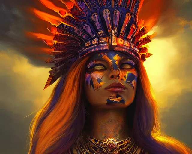 Prompt: aztec sun goddess, vivid colors, dark shadows, contrast, concept art, sharp focus, digital art, Hyper-realistic, 4K, Unreal Engine, Highly Detailed, Dramatic Lighting, Beautiful, by Brom, bastien lecouffe-deharme