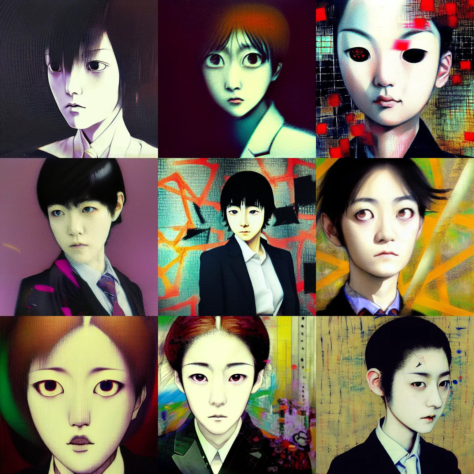 Image similar to yoshitaka amano blurred and dreamy realistic three quarter angle portrait of a young woman with short hair and black eyes wearing office suit with tie, junji ito abstract patterns in the background, shadows on the face, satoshi kon anime, noisy film grain effect, highly detailed, renaissance oil painting, weird portrait angle, blurred lost edges