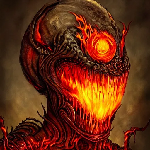 Image similar to giger elden ring doom demon portrait with humanoid face, fire and flame, Pixar style.