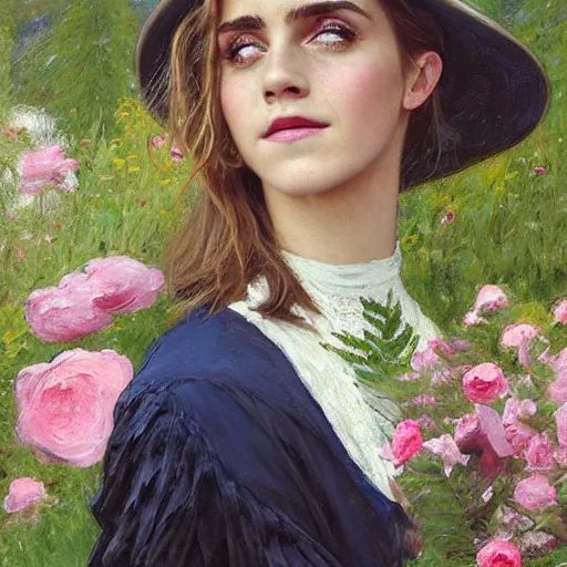 Prompt: laughing mouth open very thick paint brush strokes paint texture full body fashion model emma watson by Jeremy Lipking by Hasui Kawase by Richard Schmid (((smokey eyes makeup eye shadow fantasy, glow, shimmer as victorian woman in a long white frilly lace dress and a large white hat having tea in a sunroom filled with flowers, roses and lush fern flowers ,intricate, night, highly detailed, dramatic lighting))) , high quality