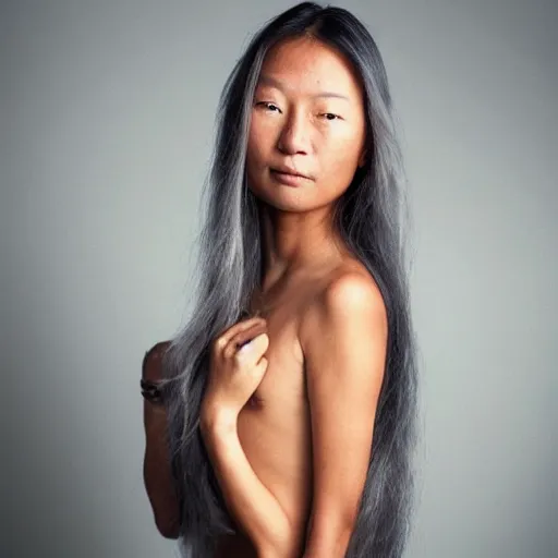 Image similar to candid portrait photograph of a tanned asian egirl with long silver hair, taken by annie leibovitz