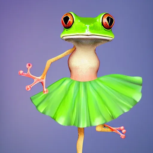 Prompt: fashion show with a super cute green tree frog dressed in a pink skirt,, photo realistic, matte image