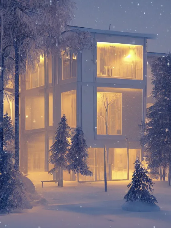 Image similar to film still of tiny soviet residential building, residential suburb area, lights are on in the windows, deep dark night, cozy atmosphere, cold winter, snowing, streetlamps with orange light, volumetric light, several birches nearby, elderly people stand at the entrance to the building, mega detailed, unreal render