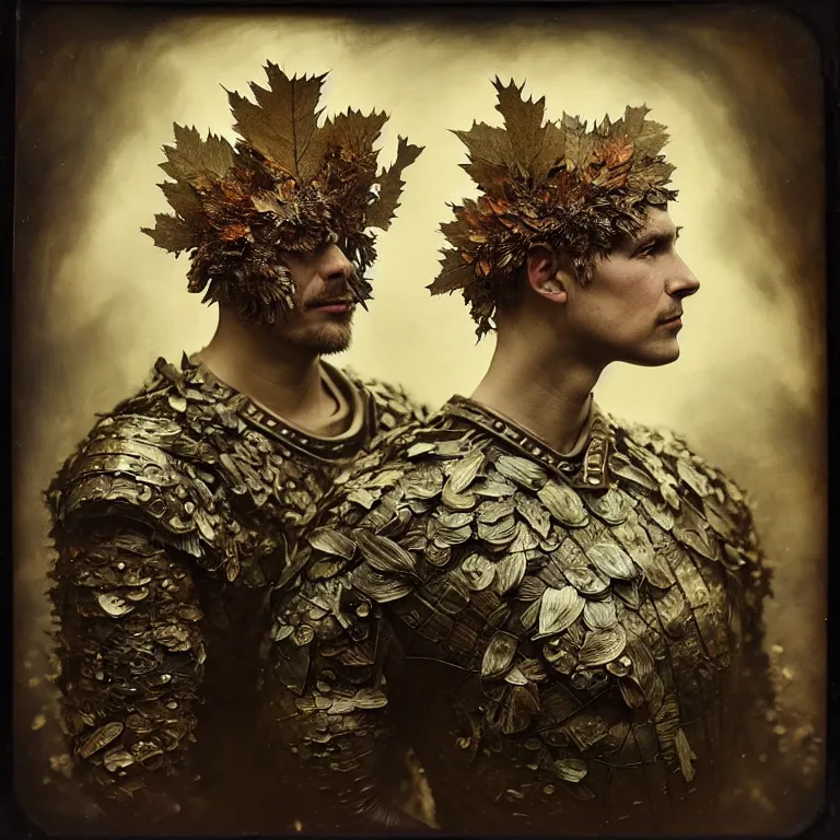 Prompt: old tintype portrait of a realistic complete armour made of leaves, dramatic light, dystopian environment, intricate, elegant, highly detailed, centered headdress, artstation, sharp focus, artgerm, tomasz alen kopera, peter mohrbacher, donato giancola, joseph christian leyendecker, wlop, boris vallejo, frank frazetta