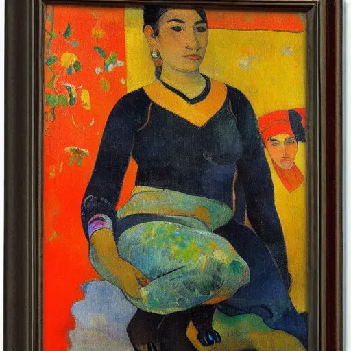 Image similar to very attractive and sensuous central asian woman realistic, full body, natural style by paul gauguin