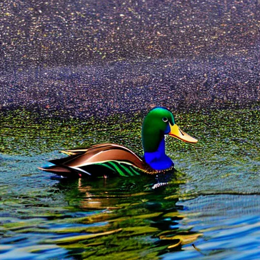 Prompt: a colorful iridescent mallard floating on a lake in the foothills of mount saint helens crater in the distance