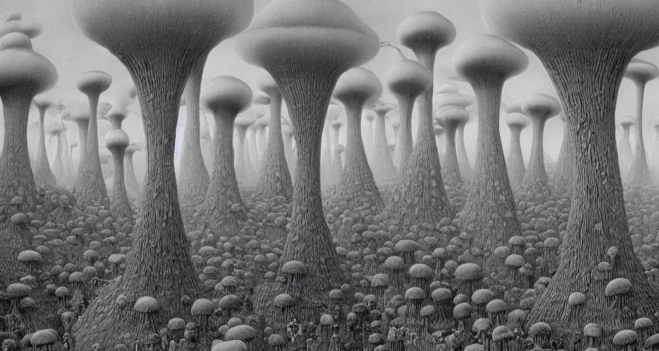 Prompt: A tribal village in a forest of giant mushrooms, by Zdzisław Beksiński