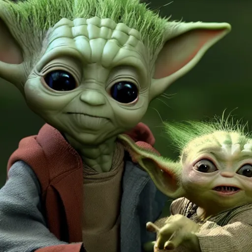 Image similar to Baby Yoda And groot meet each other for the first time 4K quality super realistic