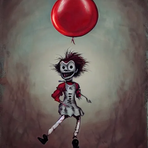 Image similar to grunge painting of spongebob with a wide smile and a red balloon by chris leib, loony toons style, pennywise style, corpse bride style, horror theme, detailed, elegant, intricate, Atmospheric phenomenon, artistic photography, conceptual, volumetric light