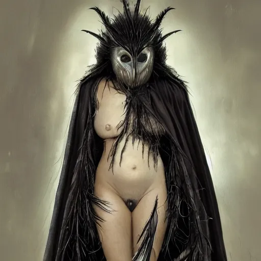 Prompt: young innocent jennifer connelly as alien bird - woman, gray skin, wearing black hooded cloak, huge wings, black feathers instead of hair, black feathers growing out of skin, bumpy skin, screaming, losing control, black feathers growing out of face, black hands with black claws, comic book, giger, mucha, trending on artstation
