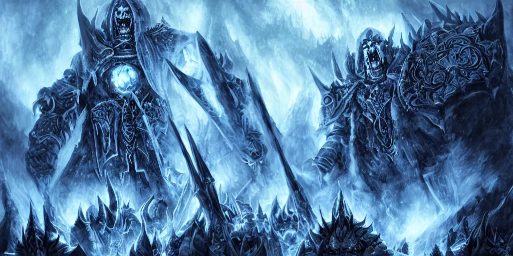 Image similar to vast ice dungeon, arthas the lich king, undead army, warcraft, warcraft artwork, mixed art, cinematic light, majestic, hyperrealistic, hyper detailed, dark fantasy, gritty