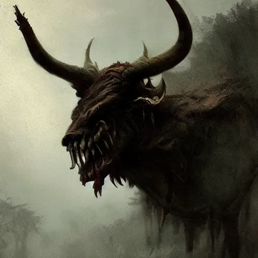 Image similar to a creepy atmospheric painting of a slender minotaur creature emerging from the mist. painting by greg rutkowski.