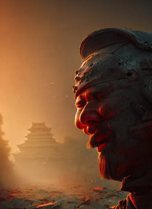 Prompt: subsurface scattering, future shanghai city & tang dynasty ， on the ruined road there is a soldier covered in wounds ， vibrant colors, octane render, fenghua zhong, volume light, highly detailed, rim light, art, cinematic lighting, very coherent, hyper realism, 8 k