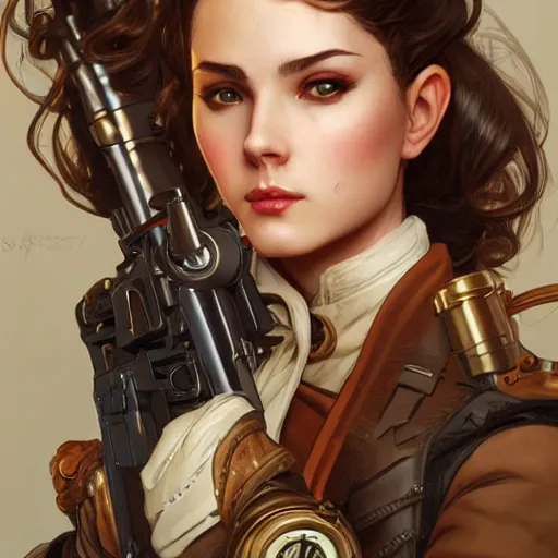 Prompt: Three quarters portrait of a beautiful steampunk female holding gun, highly detailed, digital painting, art by Stanley Lau and Artgerm and magali villeneuve and Alphonse Mucha, artstation, octane render, cgsociety