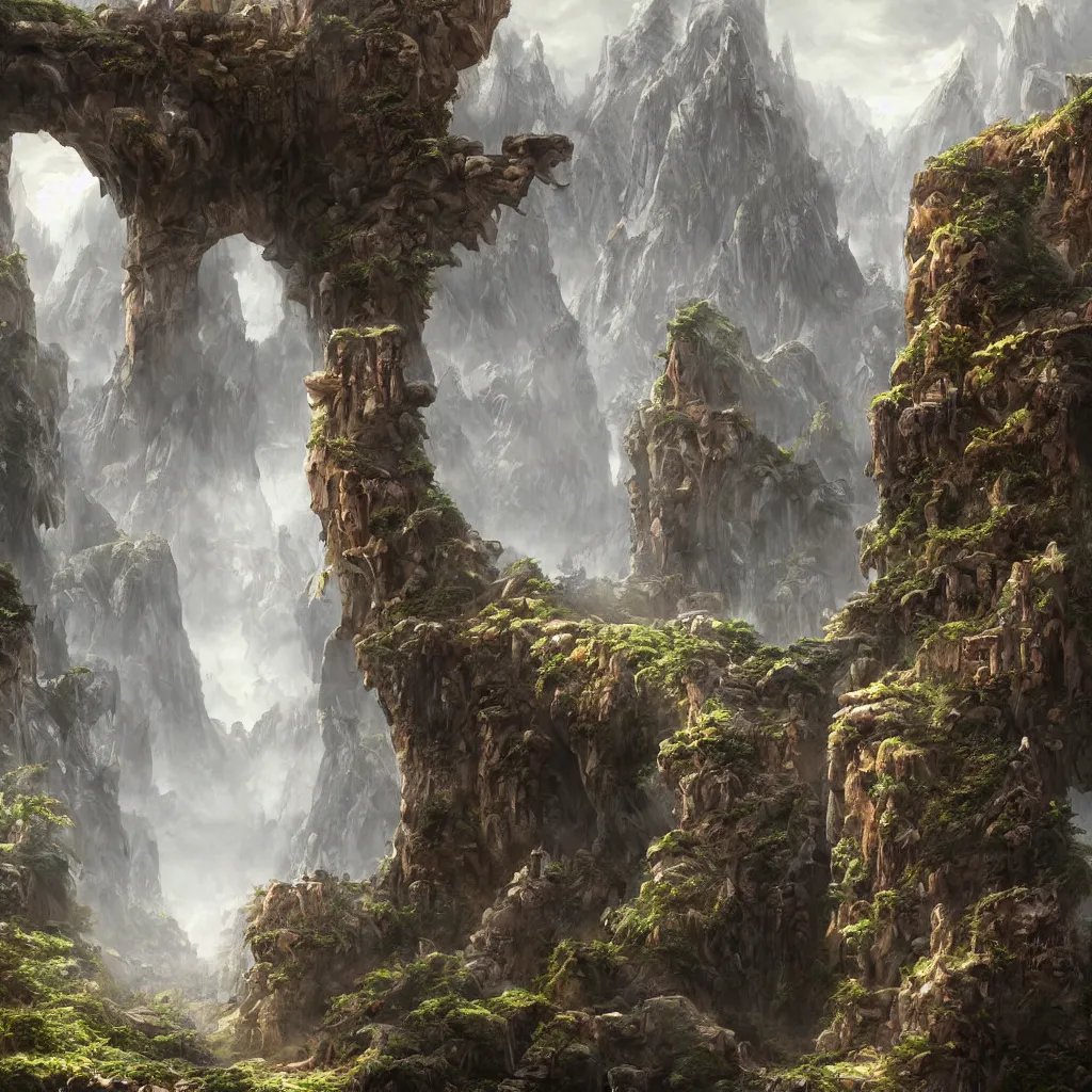 Prompt: A beautiful hyper realistic detailed matte painting of the entrance to a dungeon of the gods at the base of an ancient mountain, trending on artstation