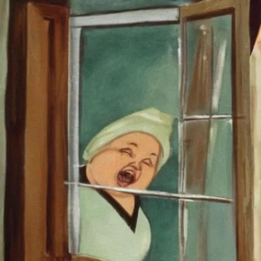 Image similar to a modeen etchine art work of a fat old woman flying trough the window into the kitchen. funny scene