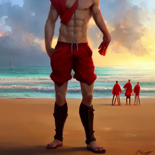 Image similar to beautiful commission of a male anthropomorphic horse wearing red shorts on the beach,digital art,art by greg rutkowski,ross tran,character design by charlie bowater,artstation,deviantart,photorealistoc,hyperdetailed,detailed face,high resolution,high quality