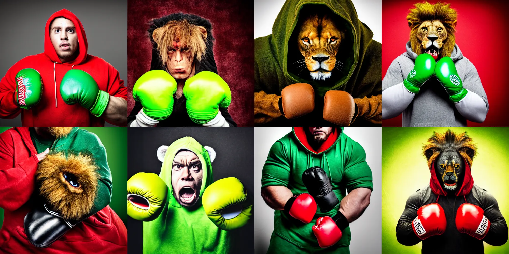 Prompt: high detail cinematic photograph portrait , epic pose mutant powerlifter muscular oversized lion with big eyes is wearing dirty red hoodie and green boxing gloves, very dramatic dark studio backlight