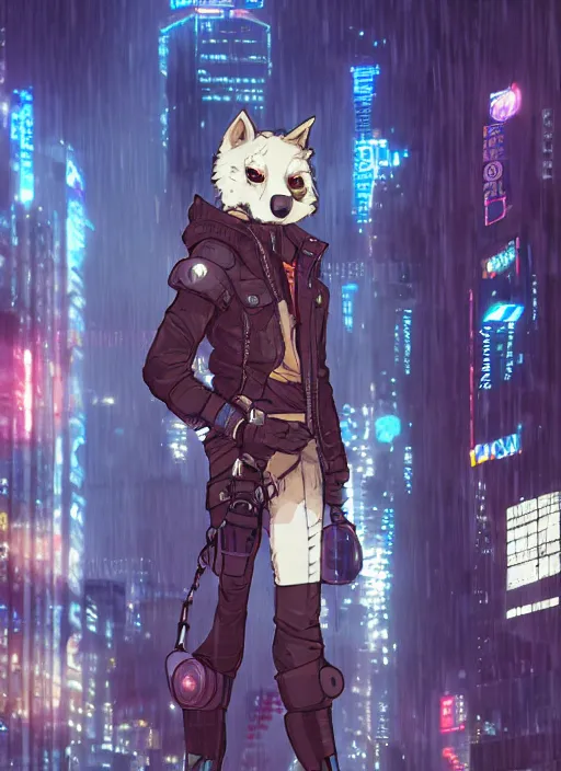 Image similar to character portrait of a male anthro wolf fursona with a tail and a cute beautiful attractive furry face wearing stylish cyberpunk clothes in a cyberpunk city at night while it rains. hidari, color page, tankoban, 4K, tone mapping, Akihiko Yoshida.