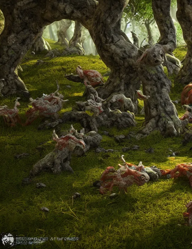 Prompt: animal god in the lichen woods. this 3 d render by an indie artist has an interesting color scheme, plenty of details and impeccable lighting.