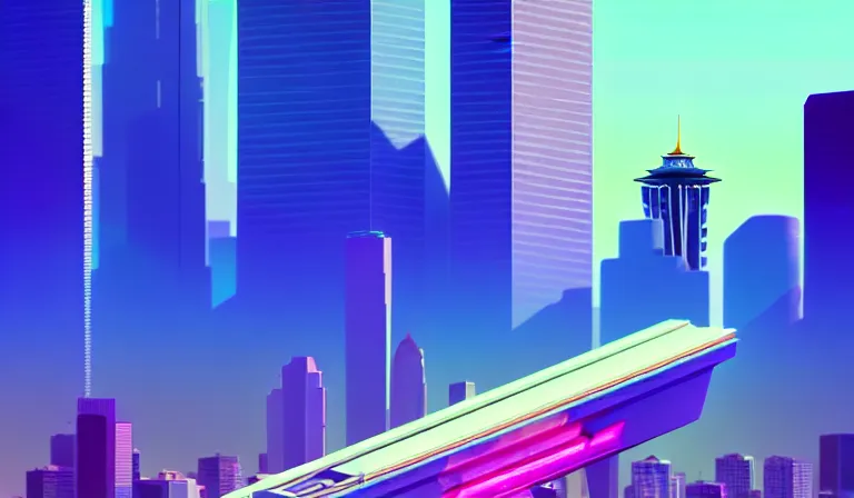 Prompt: a beautiful, sharp focus, and immaculate overcast futuristic isometric seattle cityscape. vaporwave ombre rendering. outrun style. trending on artstation. recommended for you behance. by chris moore. by edward hopper. beeple colors. ambient occlusion. digital matte painting. metropolis filmic. gotham city.