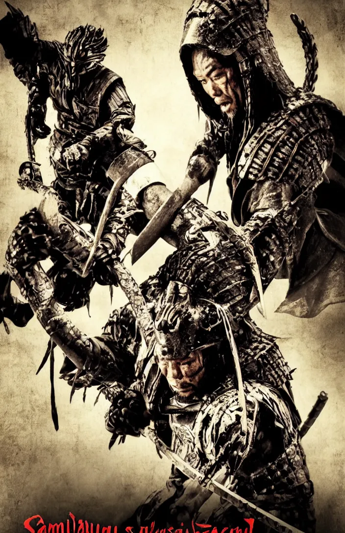 Image similar to movie film poster art for samurai vs predator film shot in feudal japan staring hiroyuki sanada as a disgraced ronin who hunts down the predator after he fails to protect his master from it. in the style of ansel adams, reynold brown, h. r. geiger.