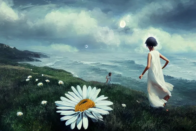 Image similar to giant white daisy flower on head, girl walking on cliff, surreal photography, solar eclipse, milky way, dramatic light, impressionist painting, clouds, digital painting, artstation, james gilleard, liam wong, jeremy mann, simon stalenhag