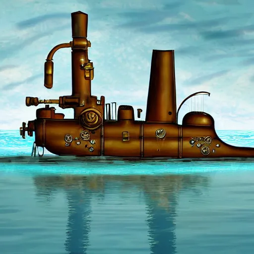 Image similar to steampunk submarine near a dock, digital art, painterly style, epic composition, hd, 4 k, professional, intricate detail