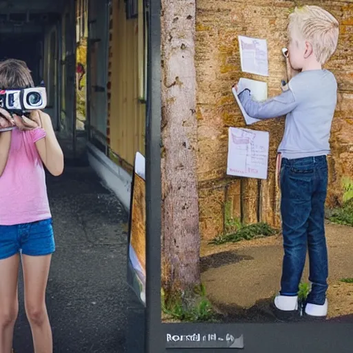 Image similar to young male photographer and young blonde female photographer comparing photos of small town real life, 8 k, 4 k uhd, realistic, hyper realistic, super detailed, very detailed, detailed