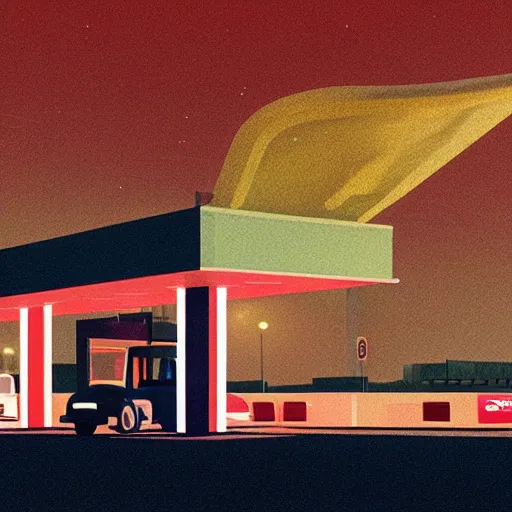 Image similar to a matte painting of a gas station at night by emiliano ponzi, james gilleard, george ault, david hockney, albert namatjira, minimalist, bauhaus, retrofuturism, postminimalism, concept art, matte background, matte drawing, space art, generative art