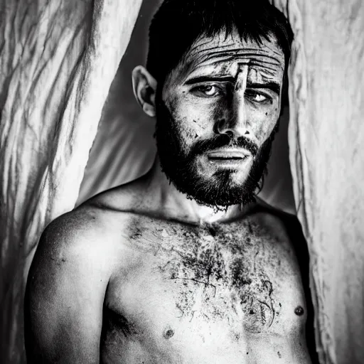 Image similar to Photograph of Angry 25 year old man in ancient Canaanite clothing wakes up in shock. Interior ancient tent. 40mm lens, shallow depth of field, split lighting